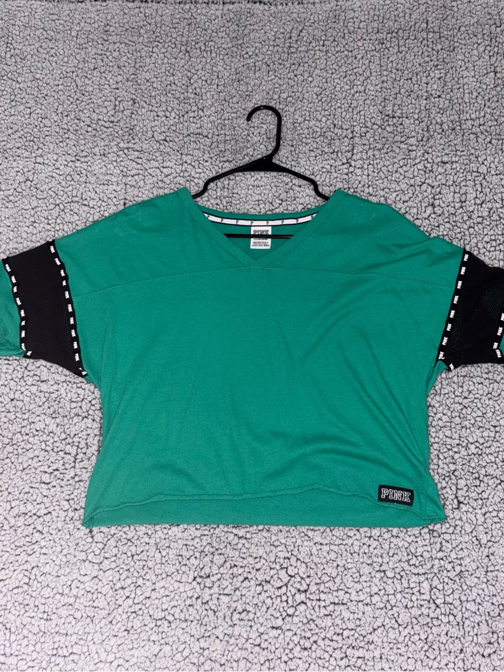 PINK Victoria's Secret Green Crop Top with Black Accent Sleeves